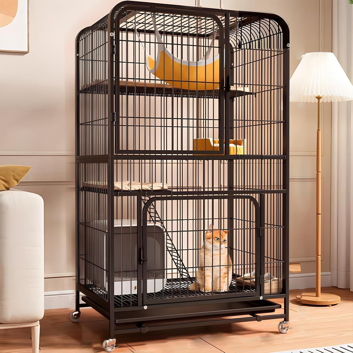 猫ケージ 猫用ケージ 猫ハウス 室内用猫のゲージ 大きめ動物ケージ 大型猫用ケージ 多頭飼い猫 移動便利 組立簡単 取り外し可能なペット用品 室内飼い（高さ135×幅78×奥行55cmブラック） 14,336円