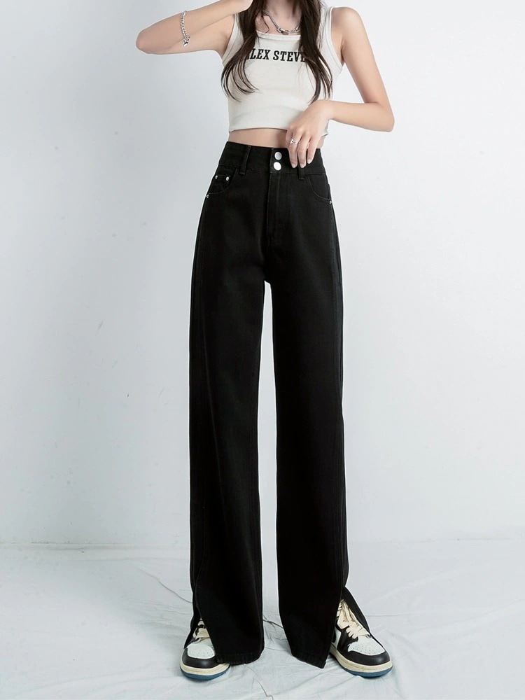 ブラックワイドレッグジーンズ女性ハイウエスト細いストレート春l新しいルーズオープンドレープドラッグズボン