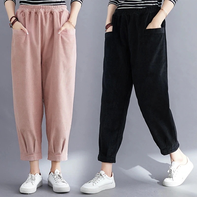 韓国コーデュロイパンツ女性はにゆったりしていて大きいサイズハーレムパンツ