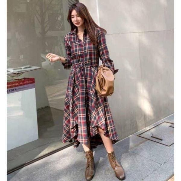 【即納】シャツワンピース レディース 40代 春秋 チェックワンピース きれいめ 長袖 ロングワンピース 通勤 ミモレ丈 ワンピース 上品 ゆったり カジュア 通学
