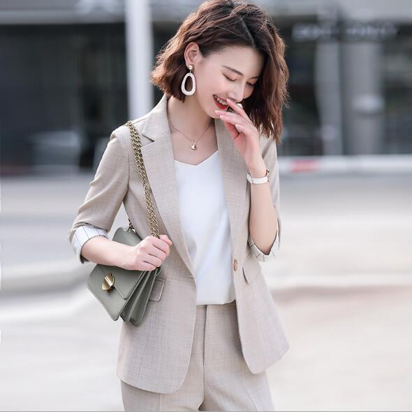 「エレガントスーツセット」パンツスーツ レディース グレー ベージュ フォーマル オフィススーツ 通勤 OL 2点セット 7分袖 テーラードジャケット 夏 セレモニースーツ ピンク ママ 面接 パンツ