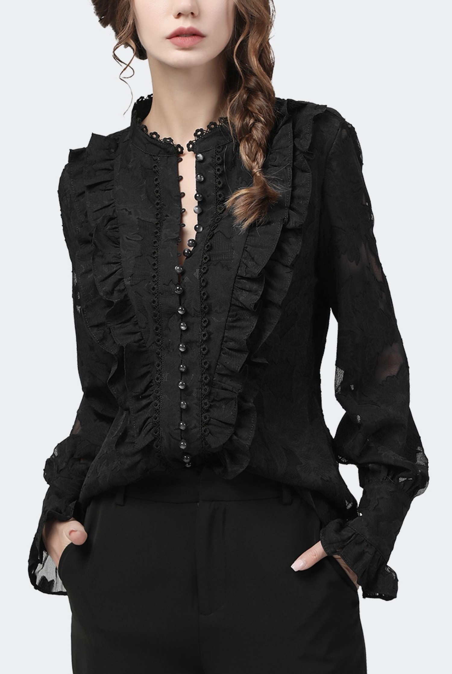 スタンドカラー レース ブラウス 2色 シアー袖 シャツ ストリート 長袖 無地 ミディアム パーティースタイル ホームパーティーアイテム レース オフィススタイル エレガントスタイル