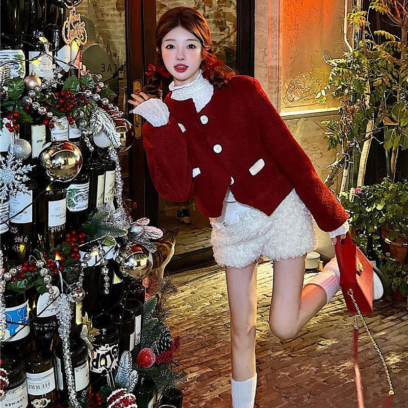 スリーピーススーツ新年クリスマスガール甘くてクールなレッドラムウールジャケット+ラブボトリングシャツ+ウールショートパンツ 4,162円