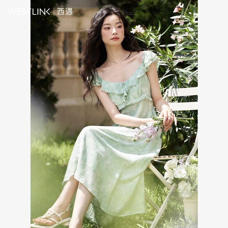 春フレッシュフリルマッスルフローラルドレスレディース2025春スクエアネックフライスリーブウエストクロージングドレス