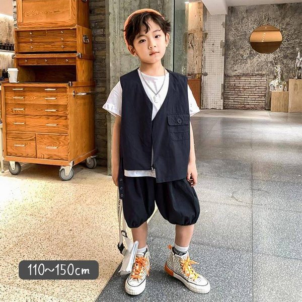 子供服 キッズ 男の子 セットアップ 3点セット トップス ボトムス ベスト Tシャツ 半袖 半ズボン かっこいい 120 130 140 150 夏 お出かけ きれいめ 夏休み