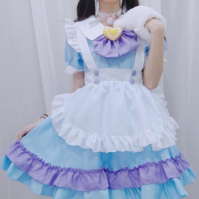 【急速出荷】ロリータ 甘ロリ ワンピース エプロン セット ロリィタ レディース メイド服 衣装 制服 猫の肉球 かわいい メイド喫茶 メイドカフェ コスプレ 可愛い キュート スイート 個性的 ブル