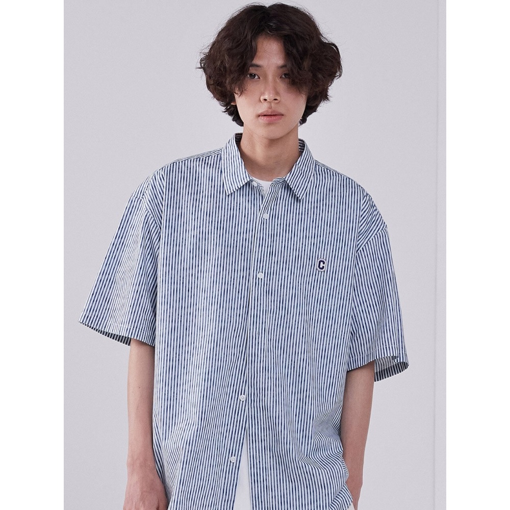 COVERNAT 24SS ドローイングストライプハーフシャツブルー