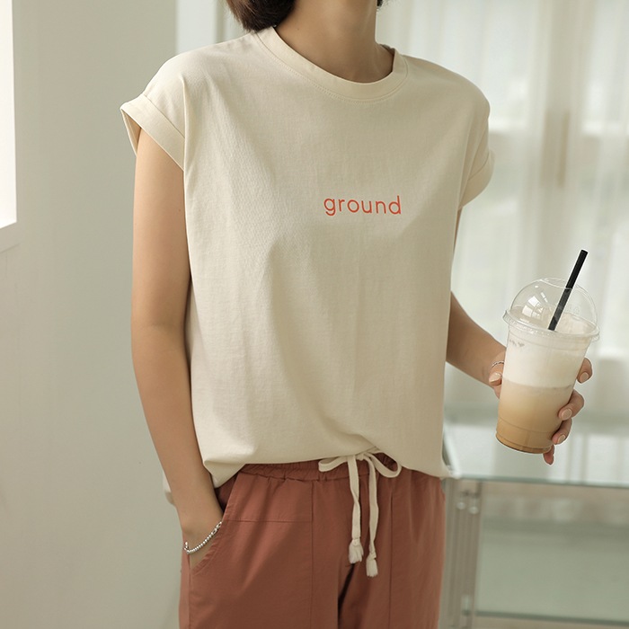 [韓国ファッション] ロールアップスリーブ プリントロゴ フレンチスリーブTシャツ