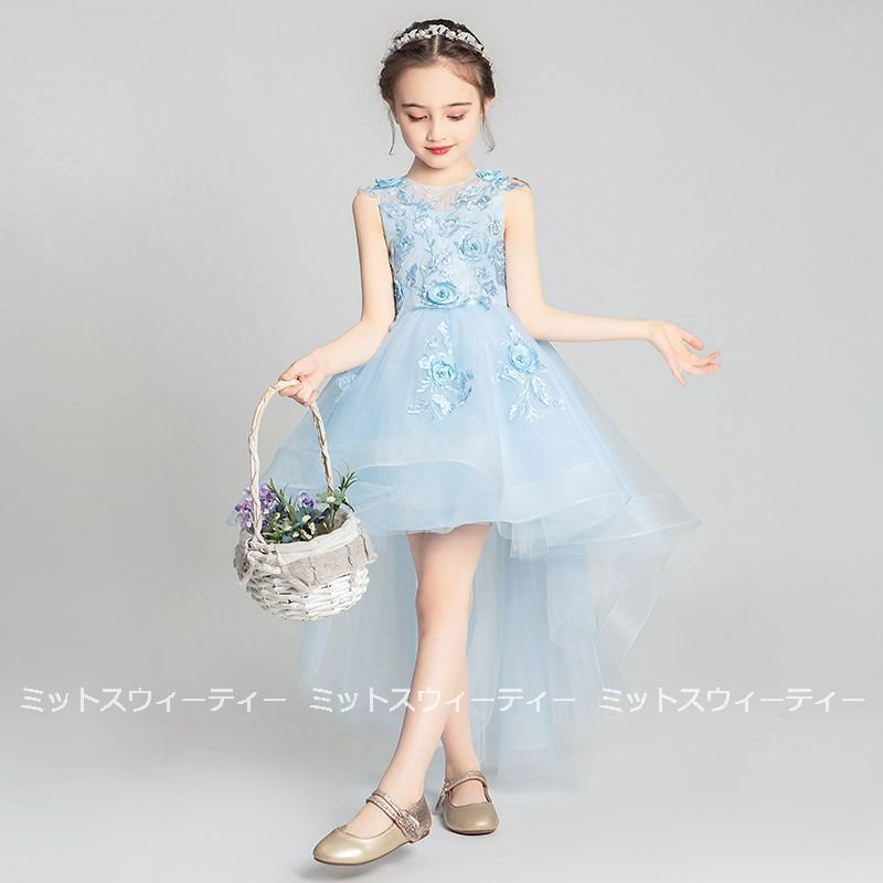子供 ドレス ピアノ発表会 女の子 ブルー ワンピース 衣装 フィッシュテールドレス 花柄刺繍 リボ