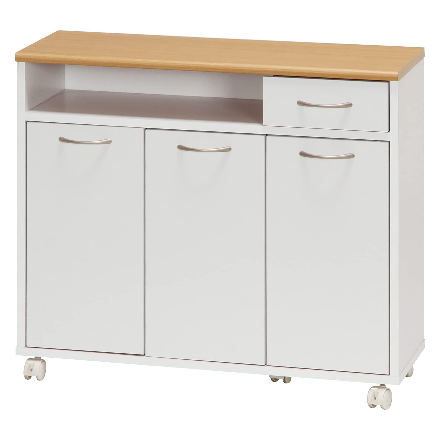不二貿易(Fujiboeki) キッチンカウンター キッチン収納 幅80×奥行29×高さ70cm ホワイト×ナチュラル 食器棚 キャスター付き 引き出し収納 木目調 86927