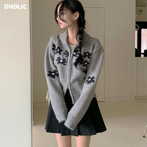 [メガ割りSALE]花柄ショールカラーダブルジップカーディガン