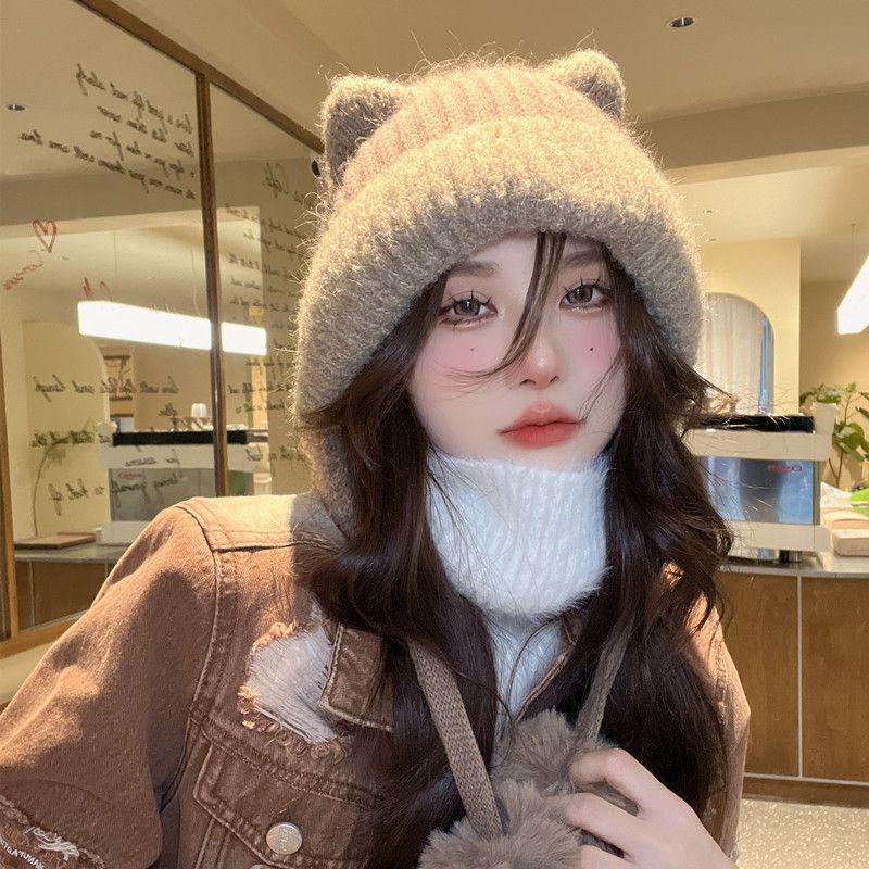 ニット帽 韓国 人気 猫耳 ニット帽子 おしゃれ 百掛け 厚手 ウォーム 毛糸 ハット 小顔効果 バレルキャップ