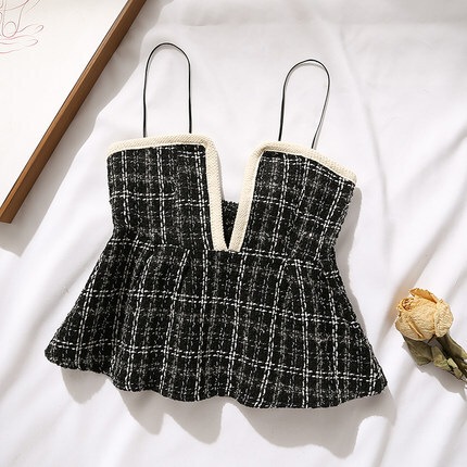 トップス デート キャミソール 袖なし 春 秋 10代 20代 30代 レディース 女性用 OL 個性的 ブラック S M L レイヤード こなれ感 チェック柄 ビスチェ 重ね着 ショート丈 レトロ