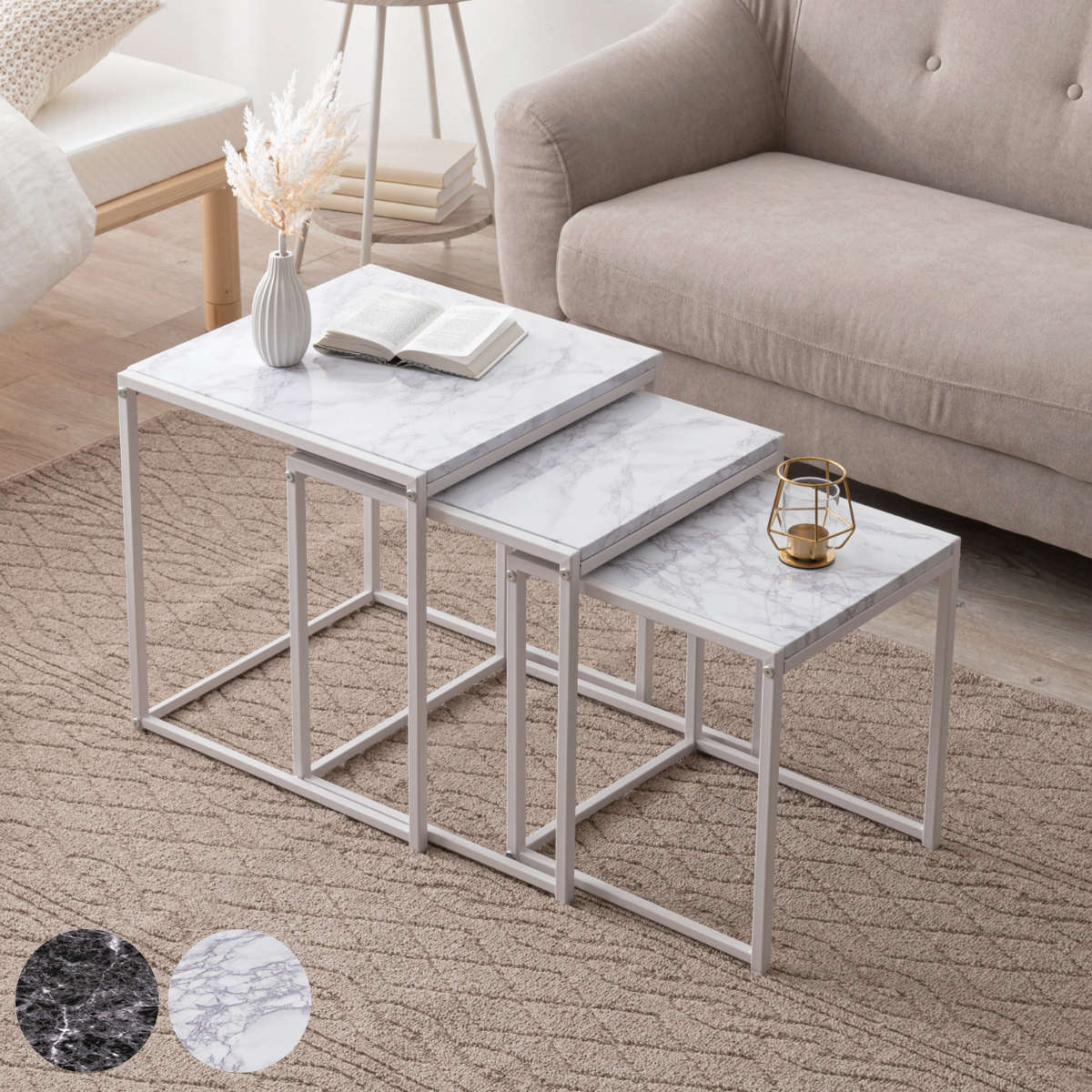 ネストテーブル 大理石調 角型 3個セット ナイトテーブル サイドテーブル 入れ子 テーブル 正方形 リビング おしゃれ スタイリッシュ ブラック ホワイト 白