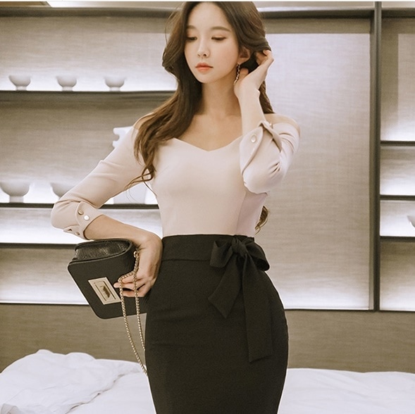 2278.袖ボタンオフショルダートップス+リボンハイウエストタイトスカートセットアップ(ベージュ+ブラック) 2019 春夏 sale 新作 大人 かわいい カジュアル きれいめ OL 20代