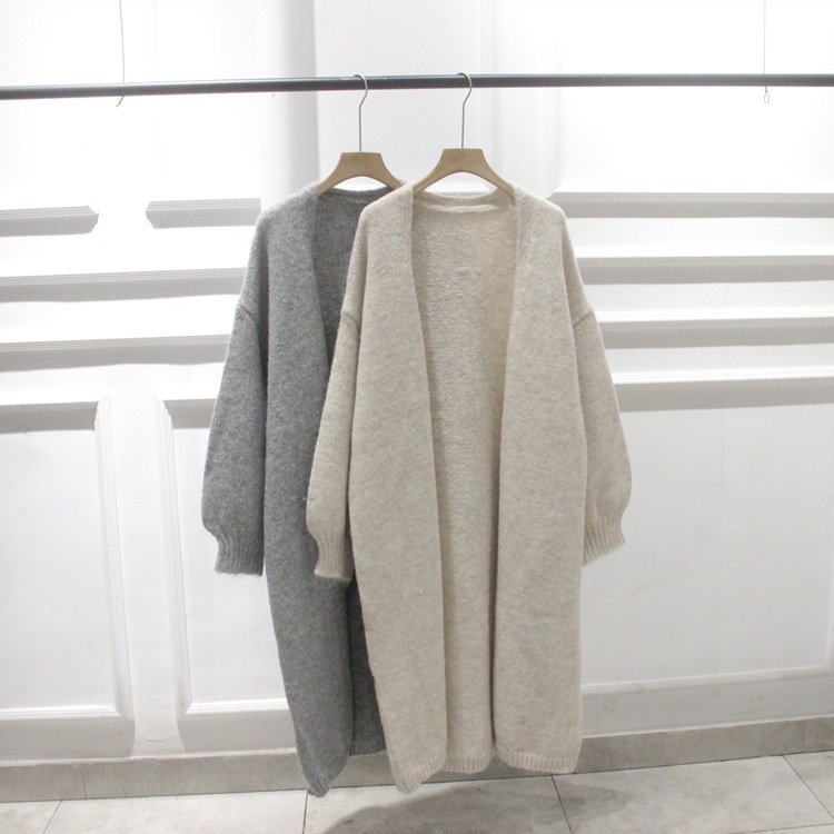 韓国の秋冬新作長めで厚みのあるシルバーのスパンコール柔らかくてゆったりとしたボタンレスセーターカーディガンジャケット女性用