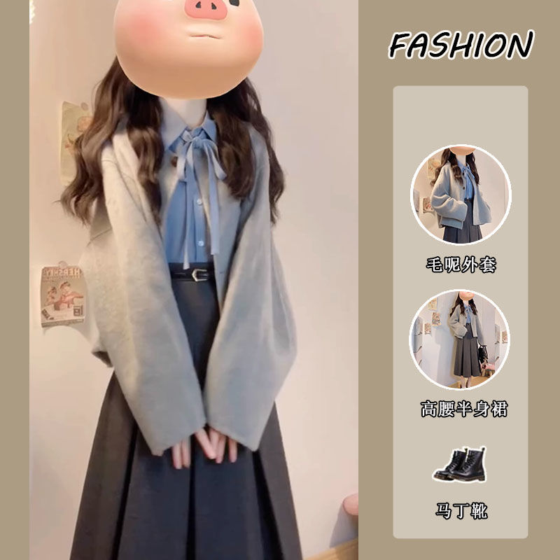 スーツの女性2024秋韓系の気質高級感短いコートの重ね着シャツの高い腰の半身スカートの3点セットです