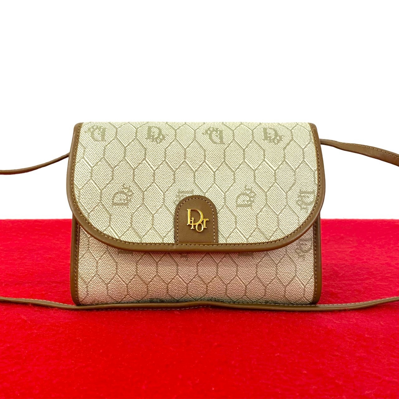 ヴィンテージ ハニカム 柄 ロゴショルダーバッグ レザー PVC ブラウン 94539