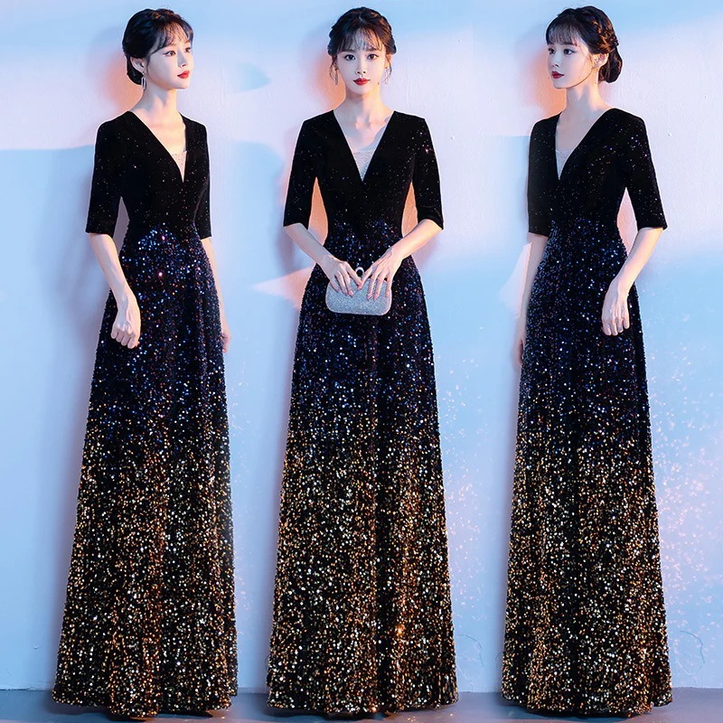 ワンピースドレスドレスカレッジ合唱団パフォーマンスコスムコンダクターピアノスパンコールドレス2025アダルトギフトホストロングスリーブドレス