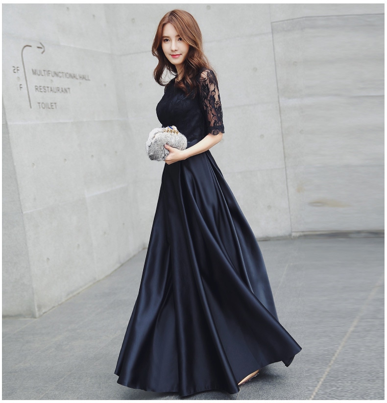 ドレス ワンピース パーティードレス Aラインドレス ブラックドレス ワンピースドレス ワンピドレス ロング丈 マキシ丈 5分袖 五分袖 ラウンドネック Aライン フレア レース ウエストマーク