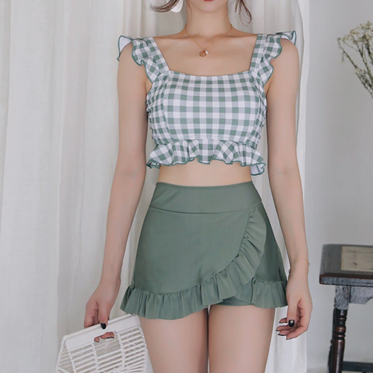 水着　スイムウェア 水着レディース ラッシュガード　水着体系カバー　ビキニ suimsuit　2点セット　ミニ丈 袖なし ノースリーブ ハイウエスト　フレア　キレイ目　大人可愛い　おしゃれ　シンプル