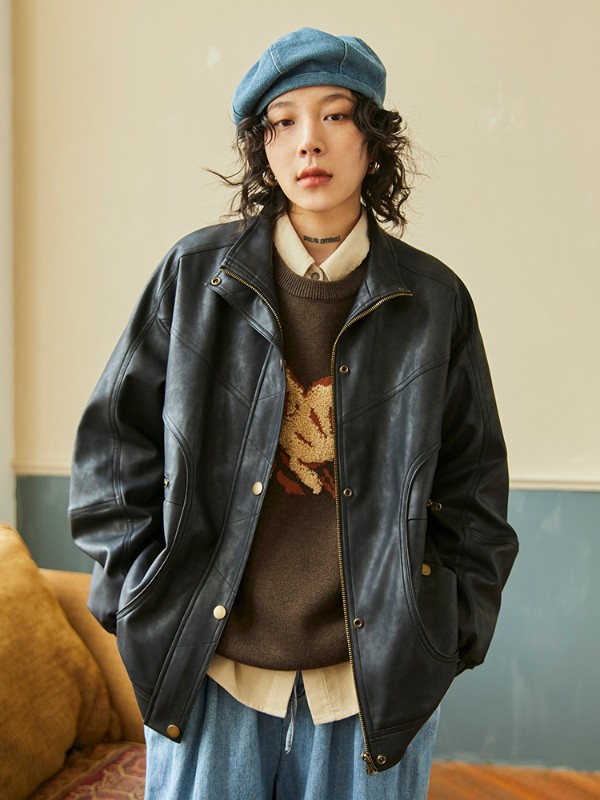 レザージャケット女性の春と秋アメリカンレトロオートバイデザインレザージャケットトップ