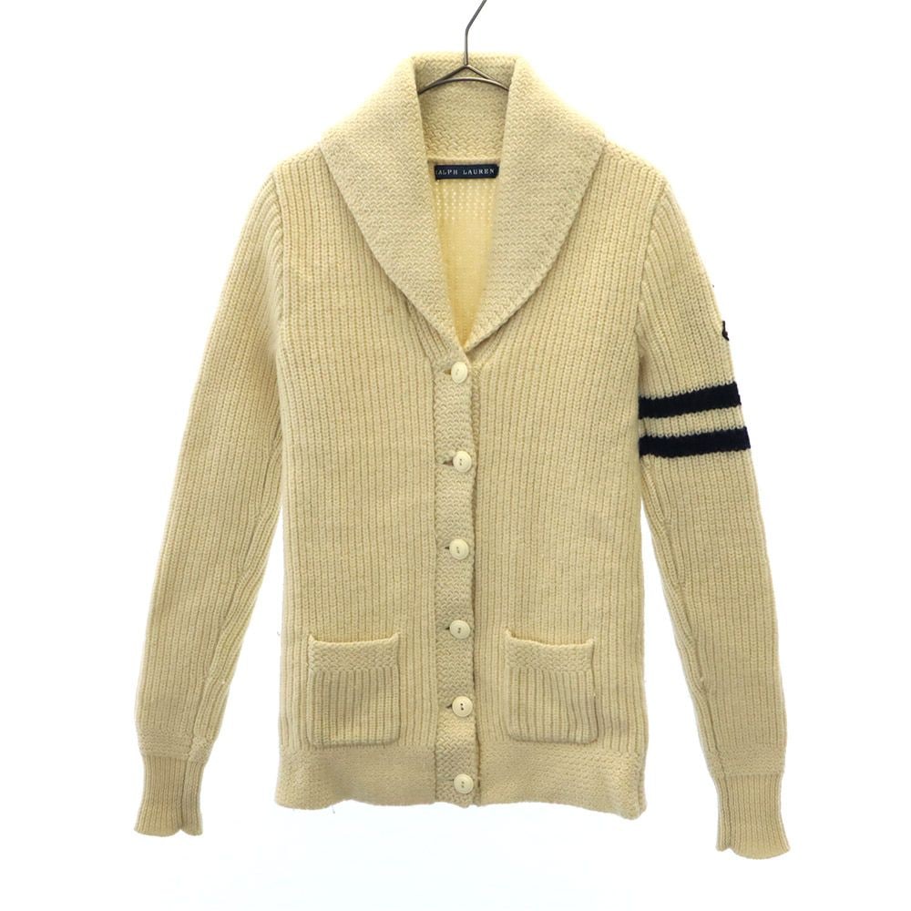 長袖 ショールカラー ウール ニット カーディガン M ベージュ ロゴワッペン レディース