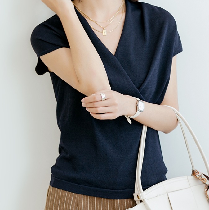 Vネックトップス パステルカラートップス カジュアルトップス オフィスカジュアル トップス カットソー プルオーバー 袖あり 半袖 5分袖 五分袖 Vネック スリム ストレート Iライン スマート