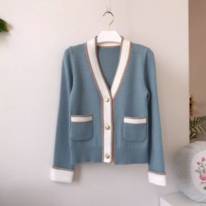 トップス カーディガン ニットカーディガン セーター ジャケット レトロ ピンク ライトブルー スリムフィット Vネック 秋 春 S M L 通勤 シングルブレスト 長袖 ショート丈 ショート ボタン