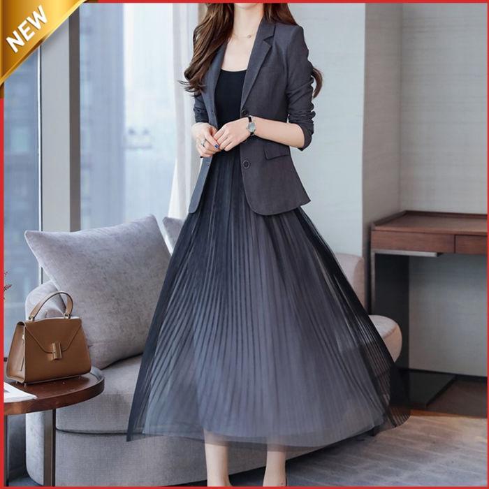 新品登場[安くて出荷が早い]セットアップ ワンピーススーツ レディース 2点セット テーラード ジャケット 長袖 無地 ロング丈 チュール フォーマル 通勤 洋服 結婚式 入学式