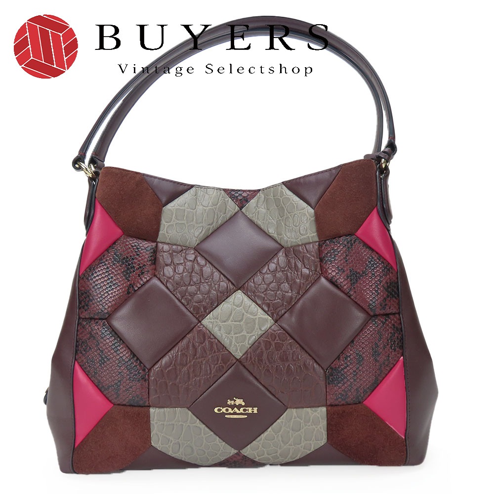 中古 トートバッグ 38369 レザー ワインレッド ピンク グレー ゴールド金具 肩掛け 型押し パッチワーク レディース 女性