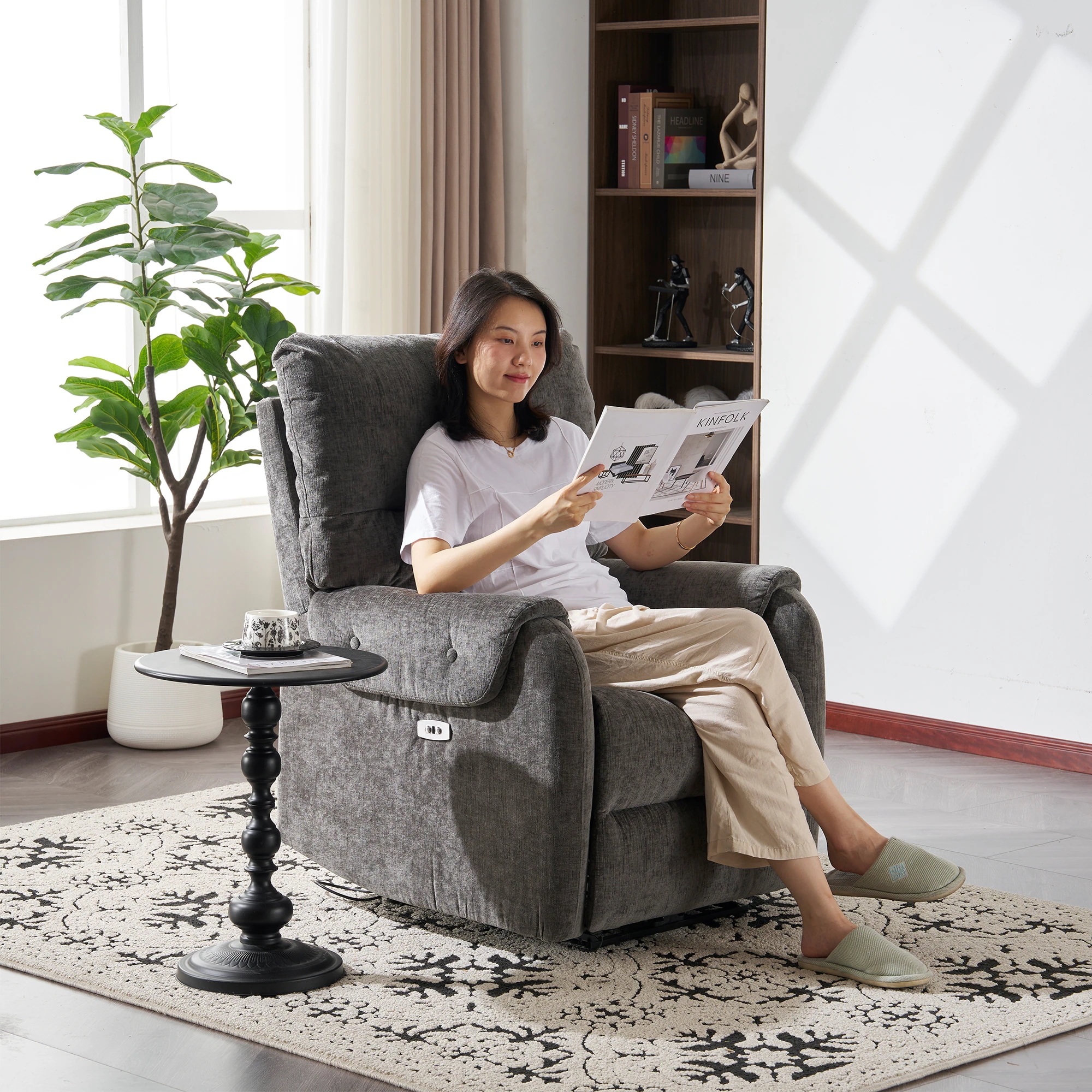 電動 リクライニングソファ スマホ充電 オットマン一体型 1人掛けUSB