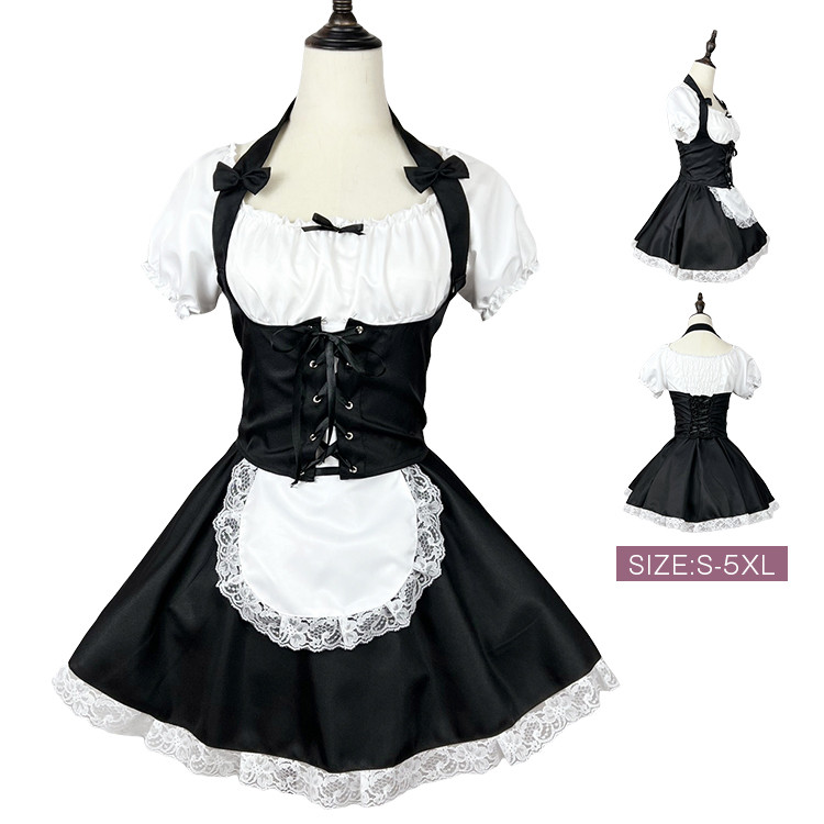 メイド レディース メイド喫茶 メイドカフェ ワンピ コスプレ ワンピース メイド服 正統派メイド 半袖 フリル ボウタイ レース ミニ丈 学園祭 イベント コスチューム ショート 文化祭