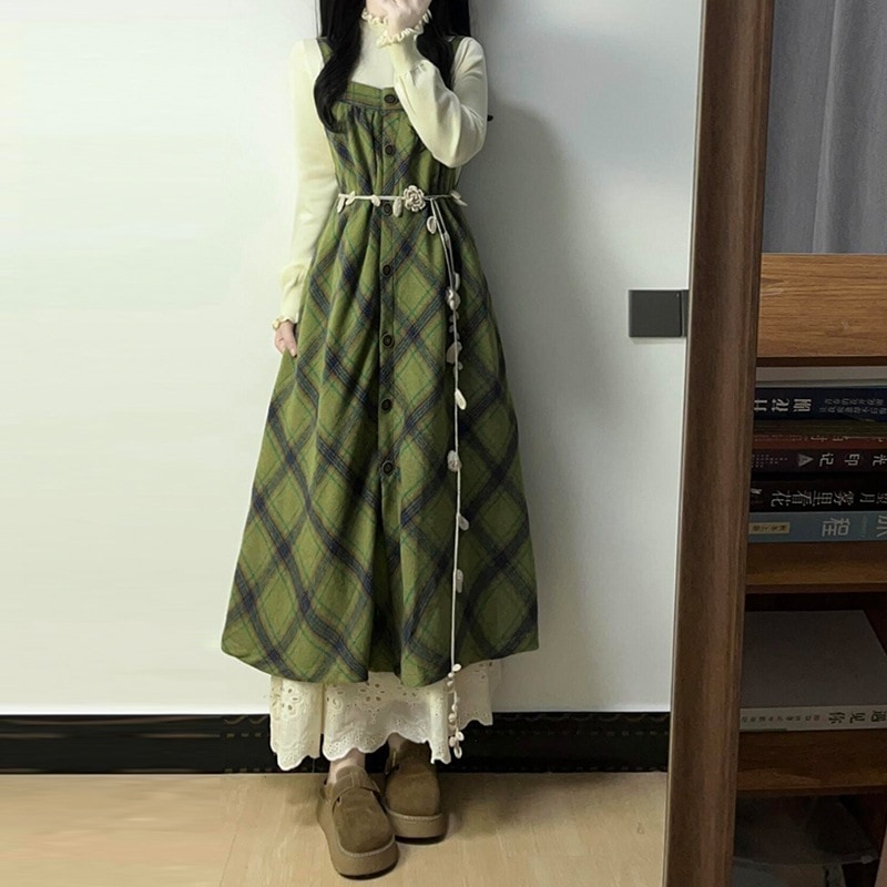 2024秋冬小柄女性用韓国サスペンダードレス秋ロングスカート一式