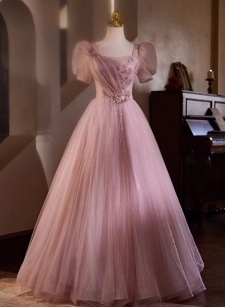 カラードレス ピンク Aライン キラキラチュール キラキラ光る刺繍 編み上げ 演奏会/音楽会