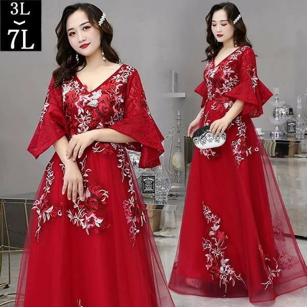 ドレス 大人 ピアノ 発表会 演奏会用ドレス イブニングドレス ピアノ発表会 ロングドレス 母親 結婚式 パーティードレス 五分袖 袖あり Vネック 刺繍 成人式 二次会 ワンピース ぽっちゃり 大き