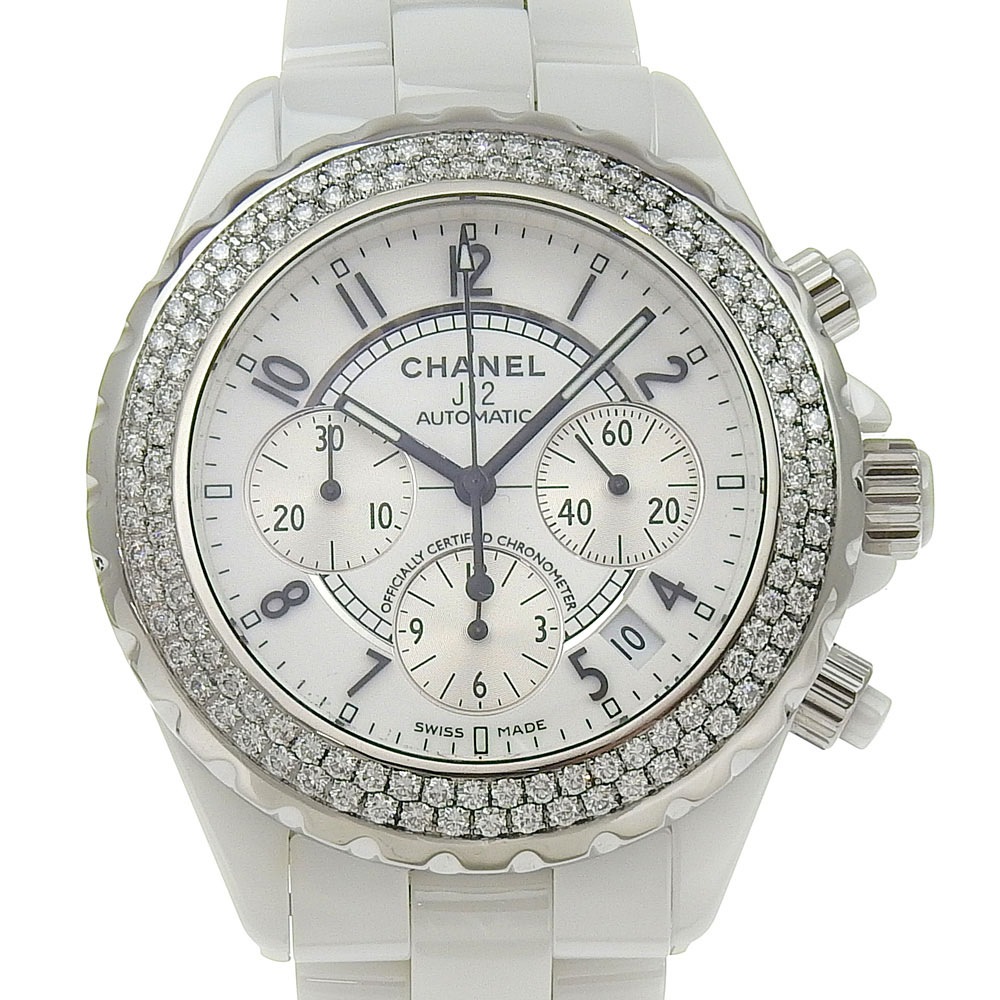 J12 ダイヤベゼル H1008 腕時計 ホワイトセラミック ダイヤモンド 自動巻き クロノグラフ メンズ 白文字盤 中古品 A-ランク