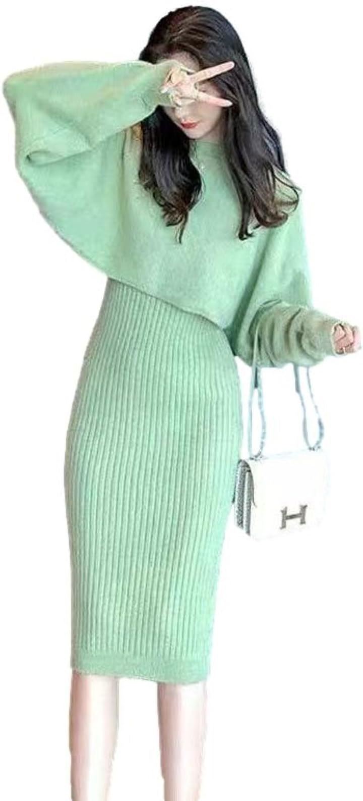 ブルーベリル ワンピース ニット セットアップ レディース 膝下丈 ニットプルオーバー ドルマンスリーブ 丸首 BB021(グリーン, M)