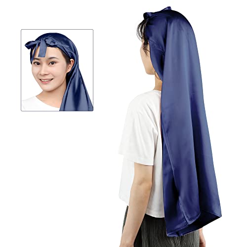 [BeLLφ] 美容師考案 60/80 簡単装着 完全筒形 シルク ナイトキャップ ないときゃっぷ ヘアキャップ ロングヘア用 枝毛防止 摩擦軽減 (ネイビー80（リボン）)