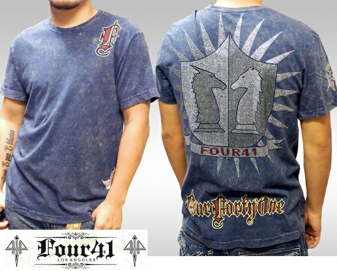 Four41 Los Angeles フォーフォーティーワン メンズ ラインストーン Tシャツ 441ナイツ ネイビー k-107 スワロフスキー インポート セレブ ブランド ストリート LAセレブ