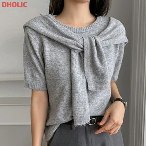 ショール付ウール混ラウンドネック半袖無地ニット・1933698