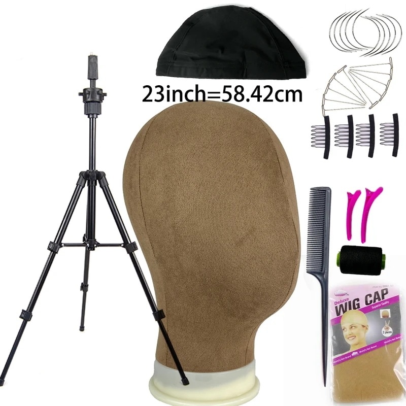 マネキンヘッド キャンバスブロック 調整可能なヘッド かつらディスプレイ用の三脚付き 23brown with 70cmエクステンション・つけ毛