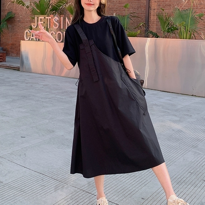 ワンピース ミモレ丈ワンピース 半袖 ラウンドネック フェイクツーピース 重ね着風 ポケット ミモレ丈 かわいい 大人可愛い きれいめ シンプル 上品 おしゃれ カジュアル こなれ感 個性的 主役級