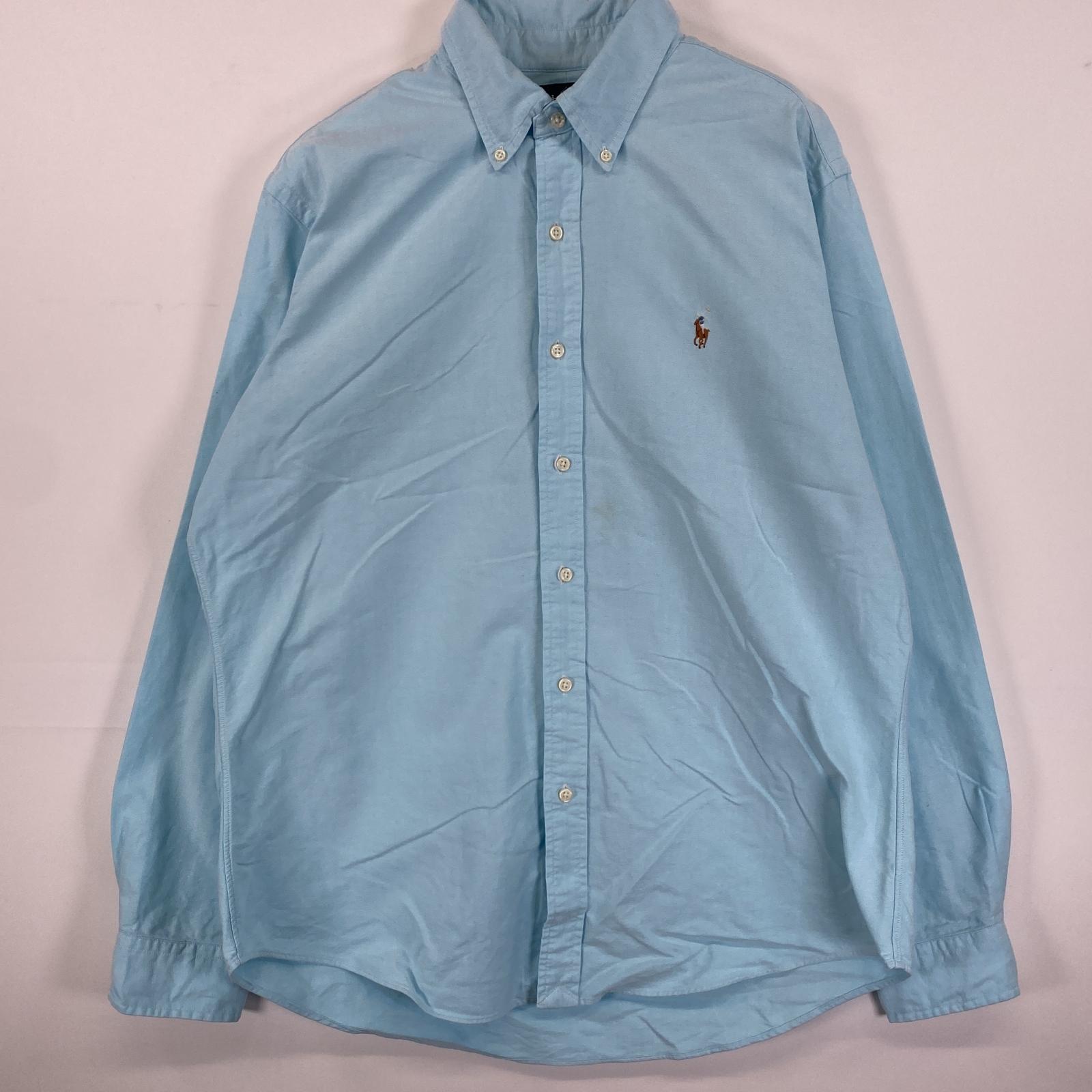 古着 90s/90年代 長袖シャツ ボタンダウン ワンポイントロゴ刺繍 L 水色 無地 メンズ