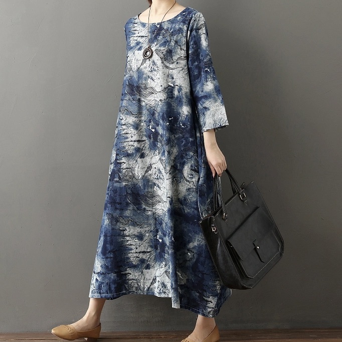 レディース ワンピース ロング 7分袖 ラウンドネック フレア セミフレア Aライン オーバーサイズ フェミニン ポケット タイダイ柄 カジュアル おしゃれ かっこいい レトロ アジアン エスニック 6,003円