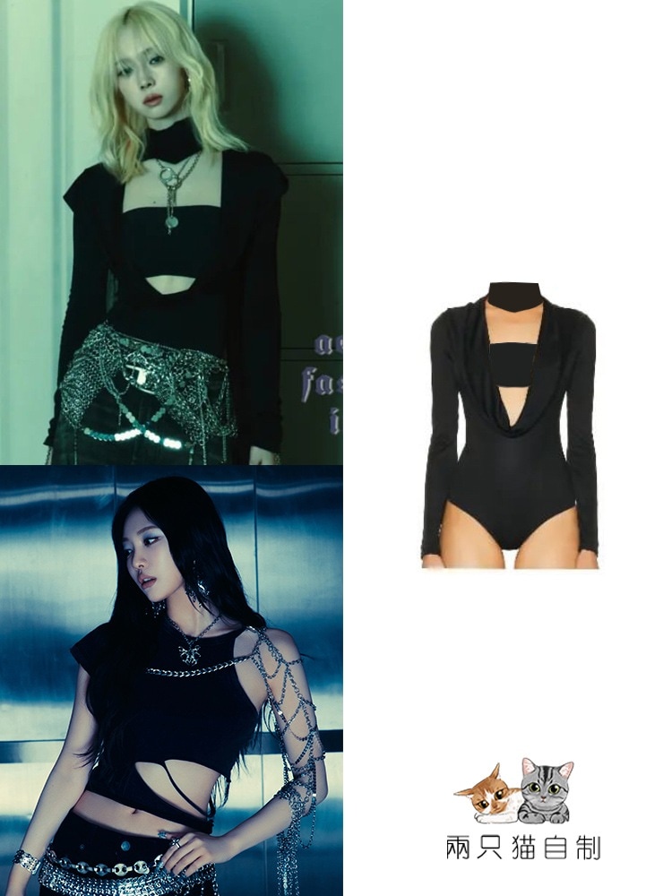 Aespa ジン ミンジン ブラック スウィングカラー ステージ パフォーマンス スリム ウェイストランド トップ