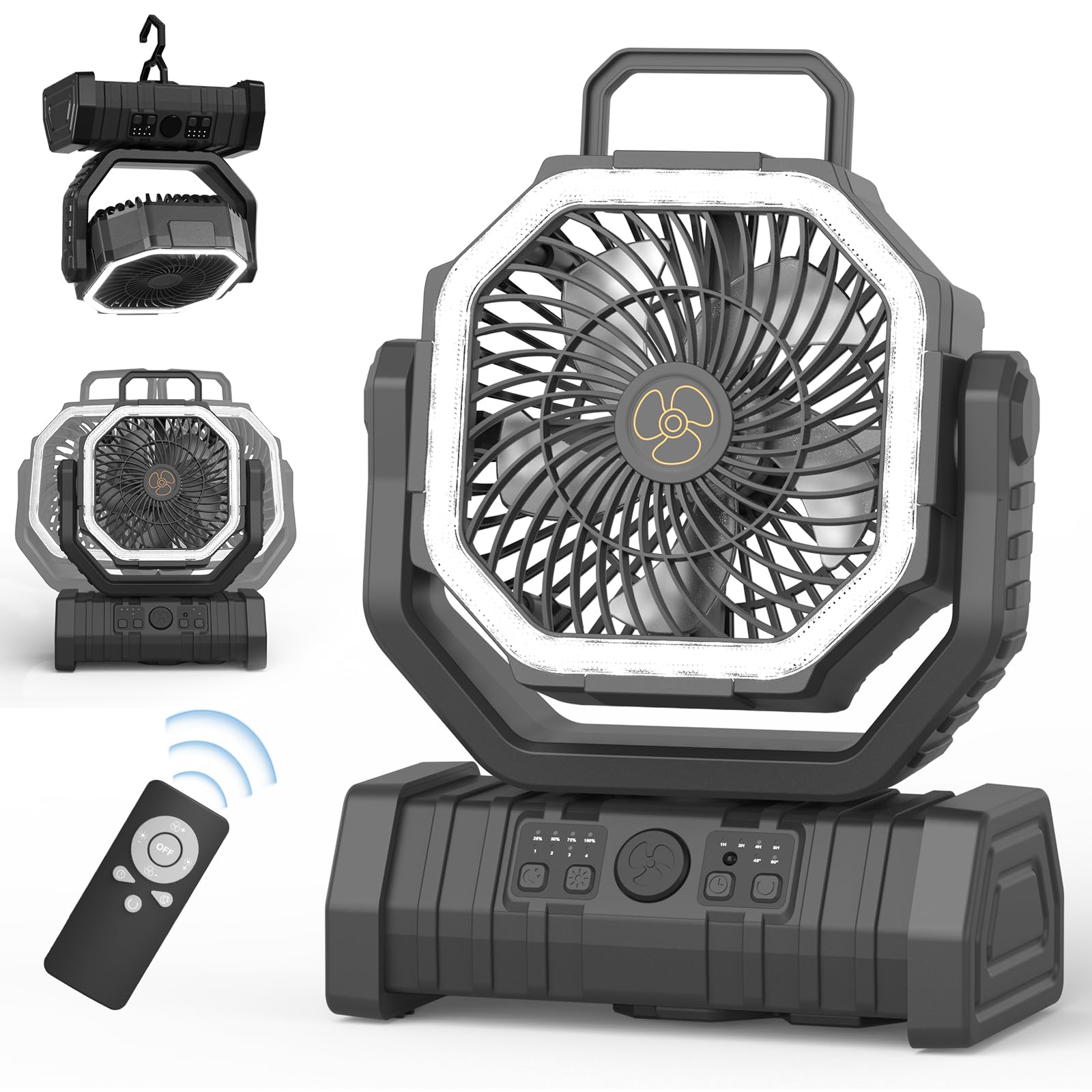 キャンプ 扇風機 アウトドア 充電式 20000mAh 最大65時間連続使用 風量4段階調節 超強風力 自動首振り リモコン付き タイマー機能 32枚LEDライト 低騒音 多機能 卓上 扇風機