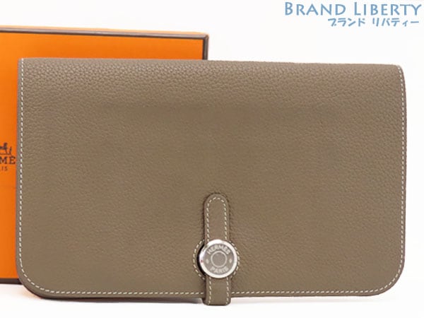 美品エルメスドゴンデュオGM二つ折り長財布コインケース付きエトゥープベージュシルバー金具トゴ043070CK18Y刻印