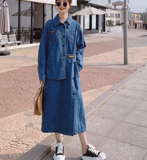 レディース ワンピース シャツ ブラウス シャツワンピ 膝下 ロング 長袖 襟付き 前開き デニム ブルーデニム かわいい 大人可愛い きれいめ カジュアル おしゃれ かっこいい クール モード系