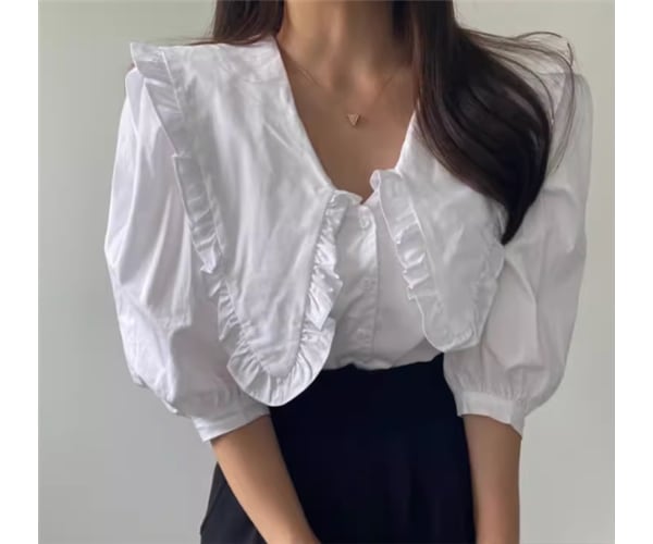 レディース トップス シャツ ショート 半袖 ボリューム袖 パフスリーブ 襟付き ビッグカラー ストレート フェミニン フリル かわいい シンプル カジュアル おしゃれ レトロ ガーリー ルーズ